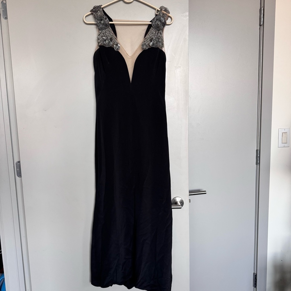 Marchesa Notte Illusion Neckline Sequin Appliqué Silk Dress Gown in Black Size 8